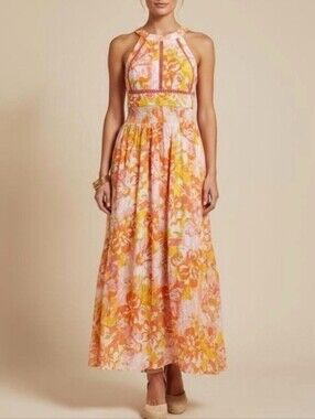 Abel The Label Pink & Orange Floral Halter Maxi Dress